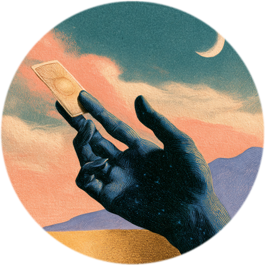 Une main tendue vers un croissant de lune, dans un ciel du soir.